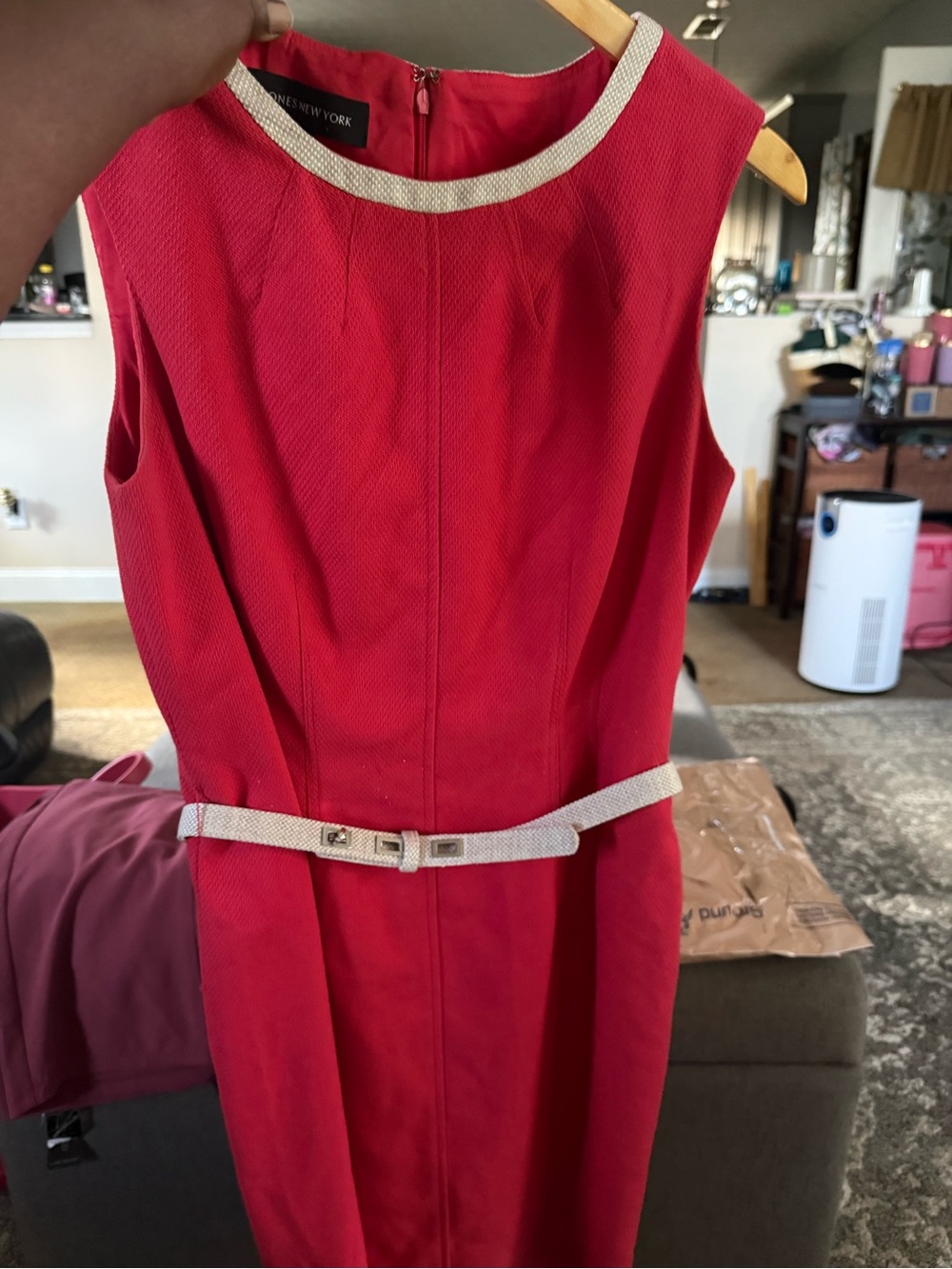 Jones New York Red Sleeveless Sheath Dress with Cream Trim and Belt